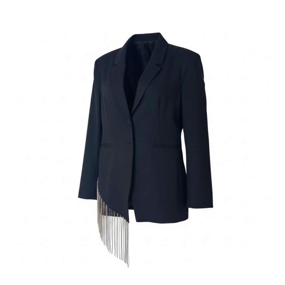Hey You Blazer Women XL Black Rhinestone Fringe Asymmetrical Hem Evening Jacket